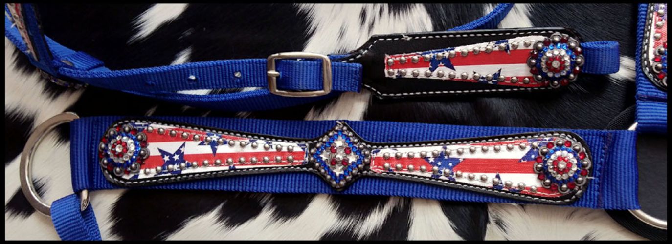 Showman Horse size nylon headstall and breast collar set with stars and stripes print overlay #2